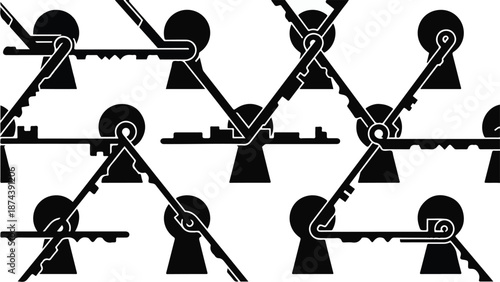 Geometric pattern of interconnected keys on white background