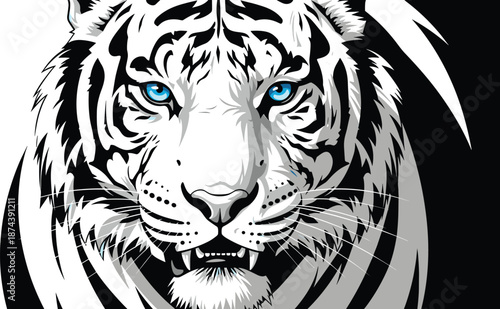White tiger face illustration, blue eyes and stripes, black vector design, editable artwork, isolated majestic animal icon