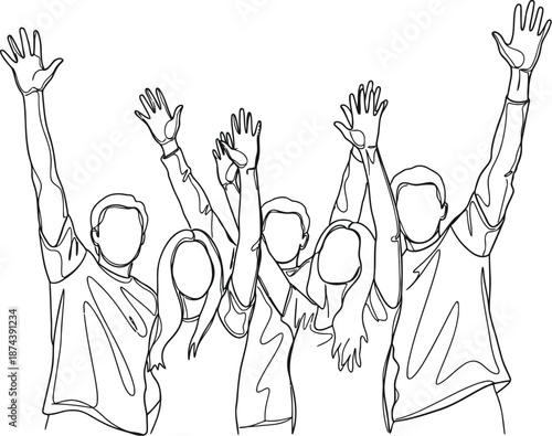 Enthusiastic crowd with arms raised in celebration