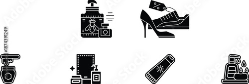 Beauty and Fashion Accessories Black Glyph Icon Set – Cosmetics, Perfume, Shoes, Skincare Symbols