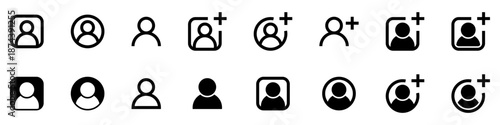 User profile and add user icon set for login, signup, avatar, add account, new member, and social media profile photo icon symbol in flat style. with outline and filled styles