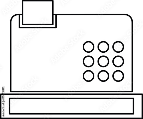 Professional black outline cash register icon featuring a receipt slot and keypad for retail billing and store transactions.