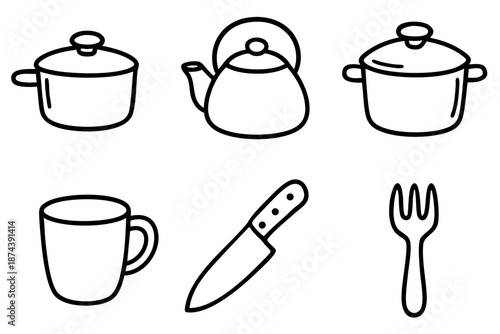 Kitchenware and cooking utensils icons set in simple outline doodle style
