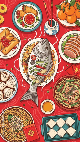 Vibrant banquet spread featuring seafood, meats, pastries, and colorful dishes on a red tablecloth.
