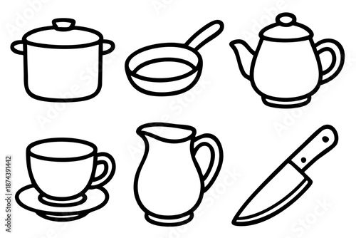 Kitchenware and cooking utensils icons set in simple outline doodle style
