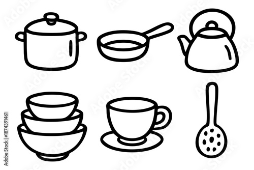 Kitchenware and cooking utensils icons set in simple outline doodle style