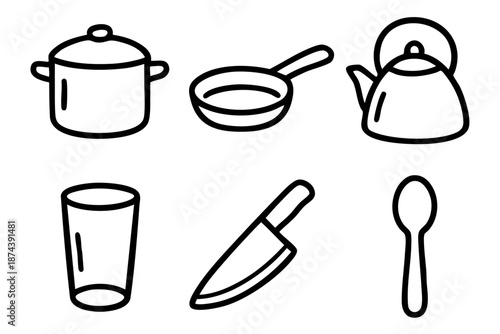 Kitchenware and cooking utensils icons set in simple outline doodle style