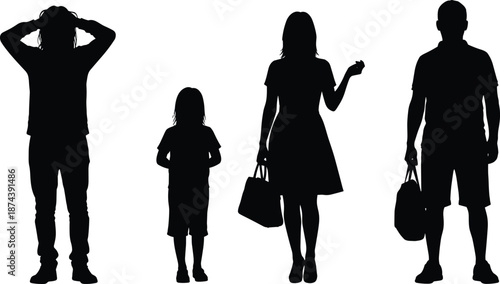 Family and individual silhouettes standing with shopping bags expressing modern lifestyle emotions independence and daily routine isolated on white background illustration