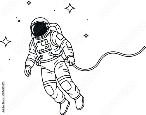 Minimalist astronaut floating in space with stars and tether