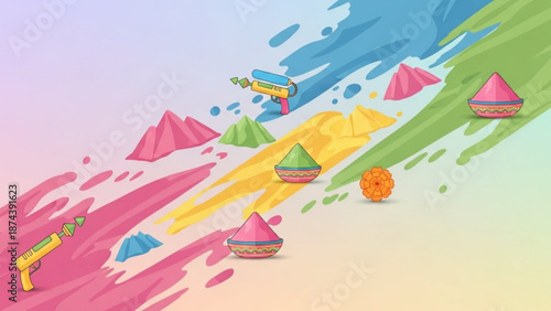 A colorful vector illustration of Holi festival with paint guns and powder