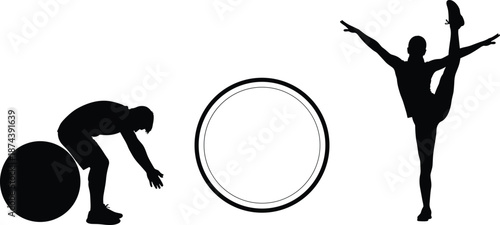 Fitness and yoga silhouettes with exercise ball hoop and stretching pose representing balance strength flexibility and wellness isolated on white background illustration