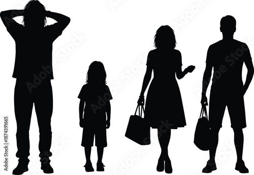 Family and individual silhouettes standing with shopping bags showing modern lifestyle emotions independence and daily life isolated on white background illustration