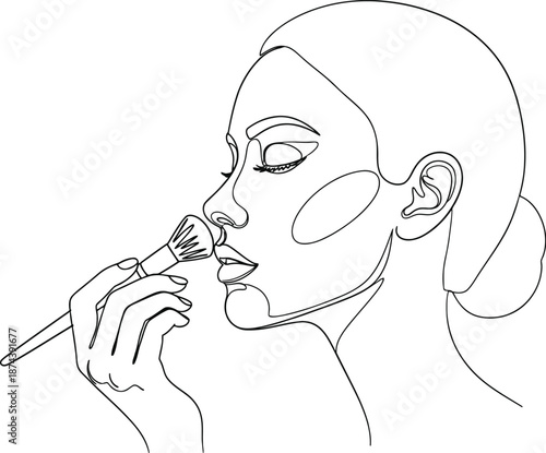 Elegant line art depicts woman applying makeup with brush