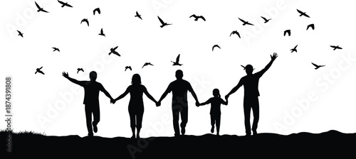 Happy family silhouettes holding hands with flying birds symbolizing freedom unity hope togetherness and positive lifestyle isolated on white background illustration
