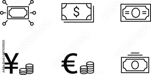 Professional global currency icon set featuring dollar euro and yen bank notes and coins for financial transactions.