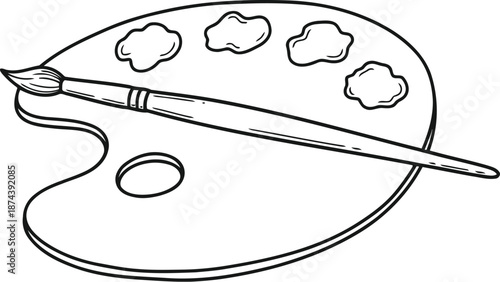 Artist s wooden paint palette with brush and colorful swatches