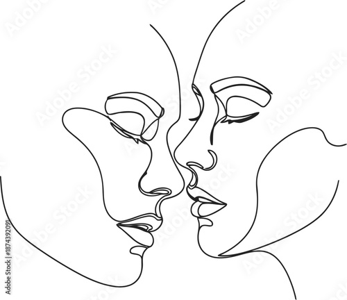 Minimalist line art captures two faces in a tender kiss