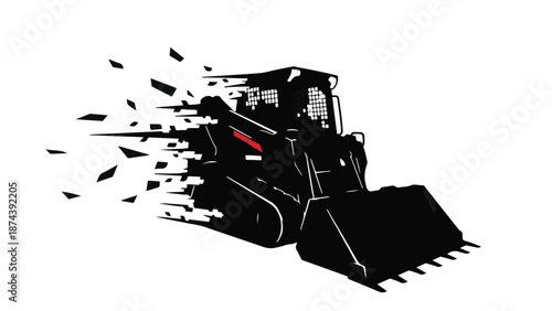 Dynamic skid steer loader in motion with debris flying behind