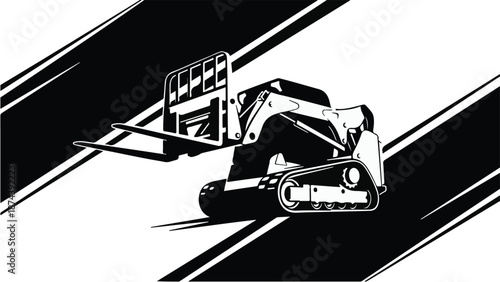 Black and white illustration of a skid steer loader on a road