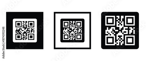 Three bold black square frames, each containing a classic black and white QR code pattern. Clean, minimalist vector design arranged horizontally on transparent background. Ideal for tech branding.