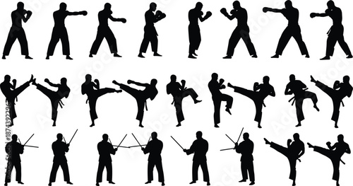 Martial arts silhouettes performing punches kicks and weapon training showing combat sport discipline strength and action isolated on white background