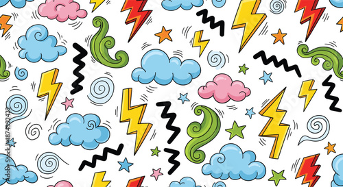 Seamless cartoon weather doodle pattern with clouds lightning stars and abstract shapes repeating background vector