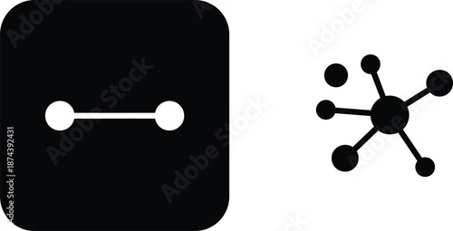 Professional network connection icon set featuring a minimal node link in a black square and a multi-node cluster.
