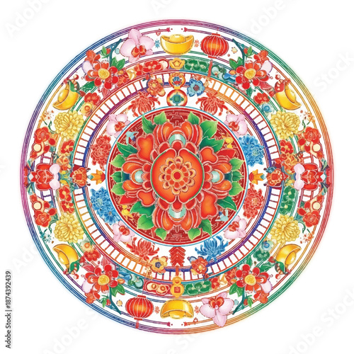 Intricate colorful mandala plate design with floral patterns and symmetry.