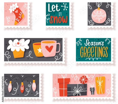 Decorative christmas postal elements for seasonal greeting card design vector