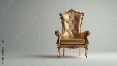Golden king chair isolated on white background monarchy concept rich and opulent tone bright studio lighting commercial furniture photography centered composition, Realistic Photo