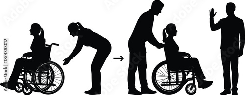 Black silhouettes of woman in wheelchair, caregiver assisting person with disability, medical healthcare support icons, accessibility symbols, and inclusive community representation.