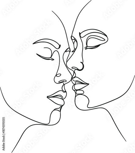 Minimalist line art captures intimate kiss between two faces