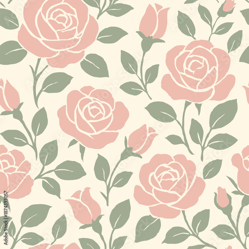Seamless pink rose floral pattern with soft pastel flowers and green leaves on cream background, elegant romantic botanical design for fabric wallpaper wrapping paper.