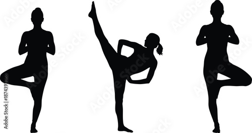 Yoga and martial arts silhouettes performing balance and high kick poses representing strength flexibility wellness and discipline isolated on white background