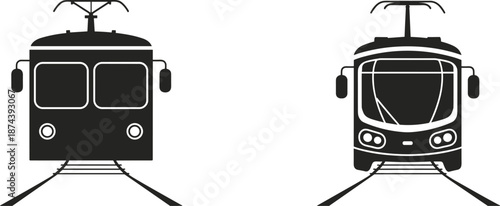 Tram and trolleybus front view silhouettes, urban public transport vector icons, rail vehicle illustration, isolated on white background