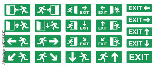 Set of green emergency exit signs with running man icons, arrows, and exit text, showing safe evacuation routes and directions. Ideal for fire safety plans, public buildings, offices, hospitals, malls