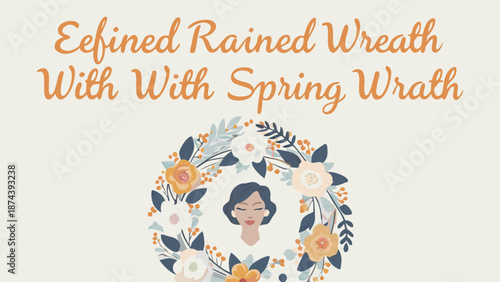 Refined floral wreath with spring flowers and woman face illustration