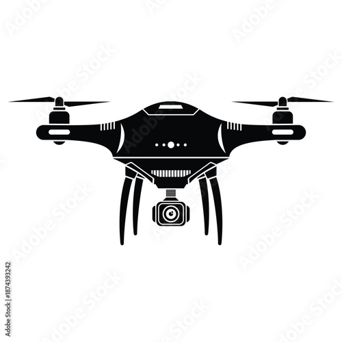 Black and white drone with action camera on white background. Silhouette of drone with action camera