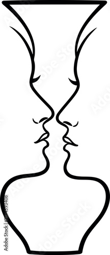 Optical illusion of two faces kissing forming a vase