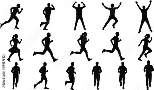 Running and jumping silhouette set, athletic motion poses, black vector illustration, editable design, isolated fitness activity icons