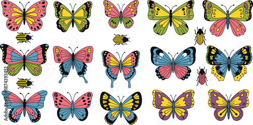 Colorful cartoon butterfly illustration set with decorative wings patterns isolated on white background flat vector