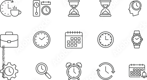 Professional time management icon set featuring coffee break hourglass calendars briefcase and alarm symbols for business productivity planning.