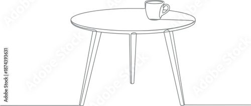 Minimalist line drawing of a round table with a single cup