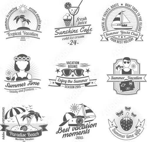 Tropical vacation time stickers with tourist photographer and palm trees vector