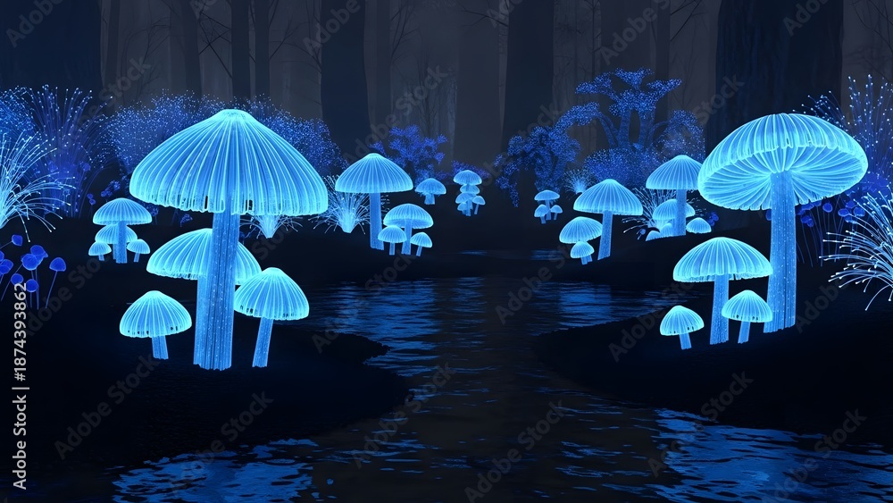 Naklejka premium Bioluminescent Blue Mushrooms Glowing in a Dark Enchanted Fantasy Forest