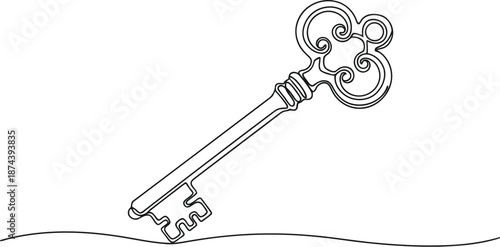 Ornate skeleton key emerging from a line drawing of ground