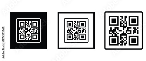 Three bold black square frames, each containing a classic black and white QR code pattern. Clean, minimalist vector design arranged horizontally on transparent background. Ideal for tech branding.