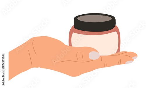 Minimalist vector illustration of a hand holding a pink glass jar with black lid and cream label, flat design style isolated on transparent background.