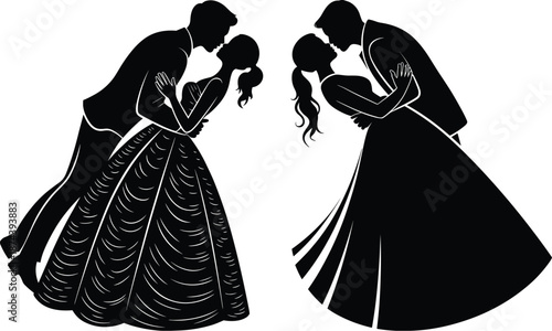 Wedding couple silhouette kissing pose, bride and groom romance, elegant black vector illustration isolated on white background