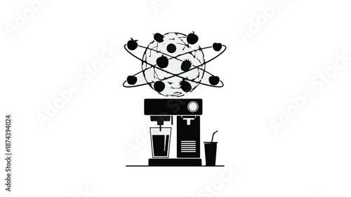 Black and white illustration of coffee machine with atoms and molecules